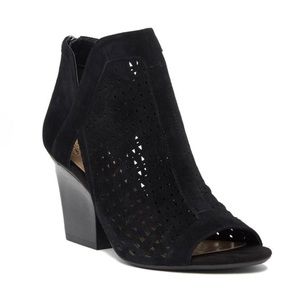 Vince Camuto Leather Black Suede Cachinta Open Toe Lacer-cut Boots Booties